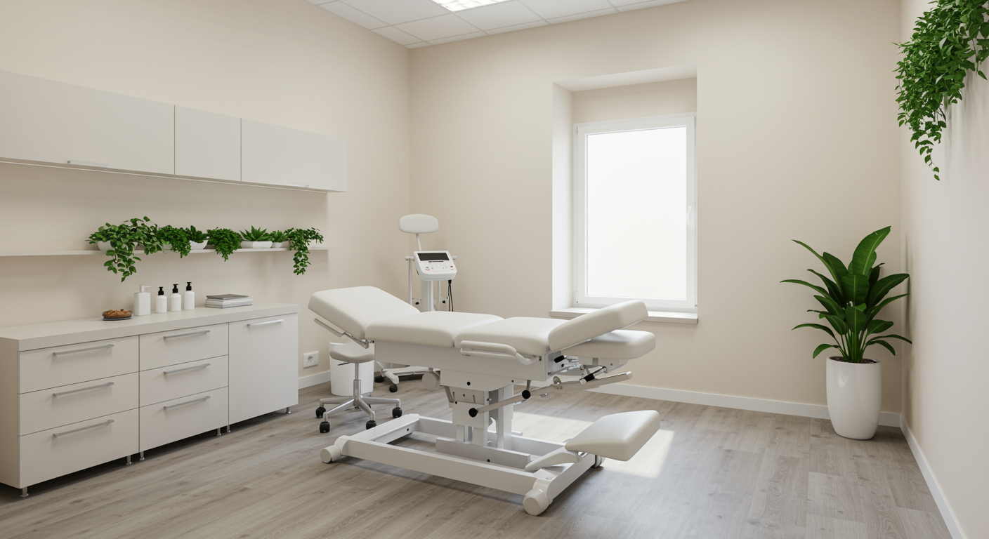 Modern chiropractic treatment room with adjustment table in a professional clinic, calming tones and natural light