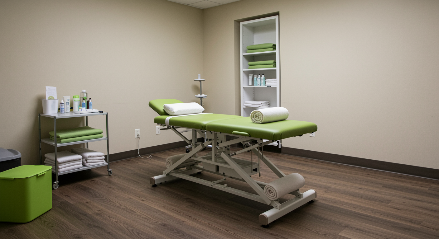 Chiropractic treatment room with modern adjustment table and calming decor for pain management