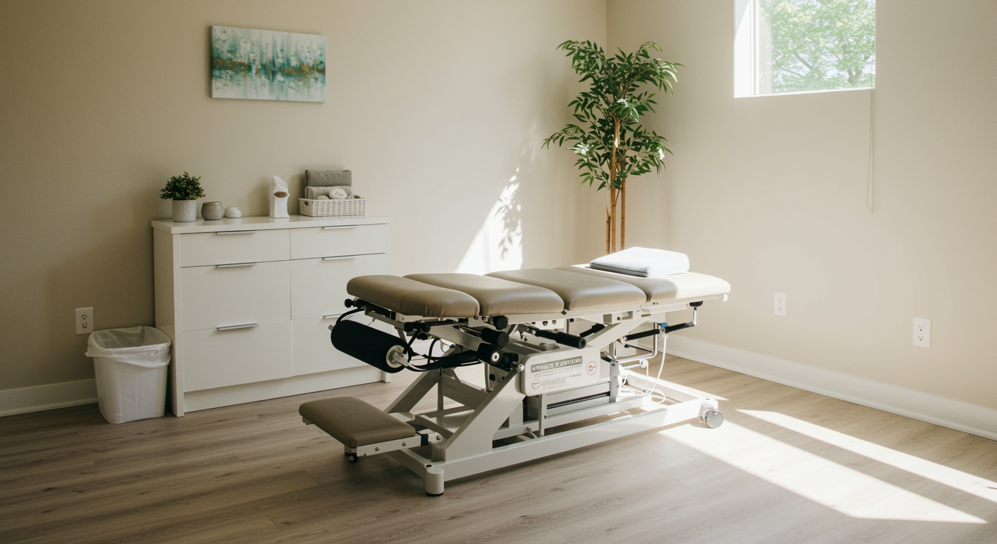 Modern chiropractic office featuring a spinal decompression table in a serene treatment room with soft lighting and relaxing decor