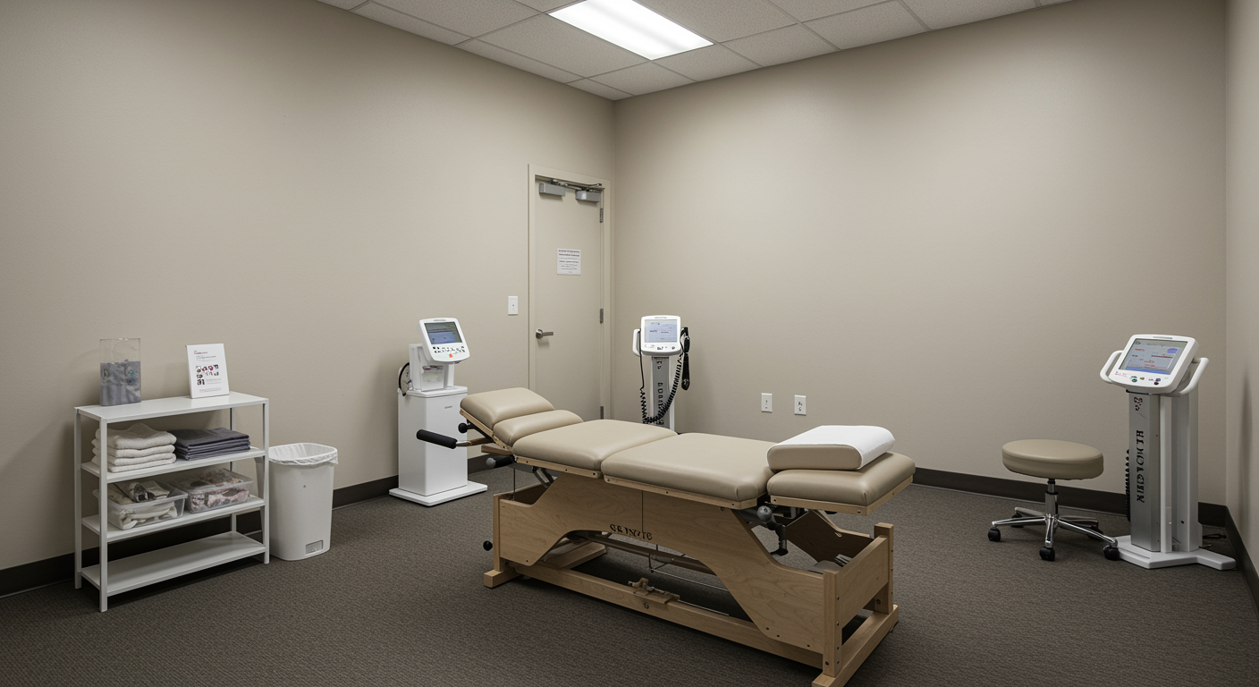 Chiropractic treatment room with adjustment table and modern furnishings in soft natural light